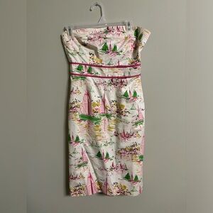 J. Crew Strapless Pink & Green Cotton Sailboat Dress Size 6 Tropical Beach